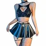 Dessous Damen Set, Unterwäsche Strapsen Dessouse Sexy Reizwäsche Bodysuit Rückenfreies Babydoll Outfit Nachtwäsche Gürtel Negligee Hohe Taille Lingerie mit Strumpfgürtelrock Silbrig S