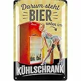 LANOLU Retro Blechschild Bier DARUM STEHT BIER UNTEN lustige Schilder Bar Dekoration für Partykeller, Kneipen Bardeko für Stammtisch, Geschenkidee Vatertag 20x30cm