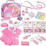 Magic4U Arztkoffer Kinder,Doktorkoffer Zubehör Spielset 34 Teiliges Doktorkoffer mit Stethoskop Thermometer Spritze Arzttasche Hüte Masken Arztkittel Geschenk Pretend Doctor Kinderspielzeug ab 3 Jahre