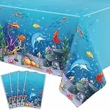 4 Stück Einweg Meerestiere Tischtuch Blau Wellenwellen Tischdecke Unterwasser Themen Tischabdeckung Wasserdicht Meerestiere Tischtuch für Kinder Meeresthema Strand Dekorationen 130 x 220 cm