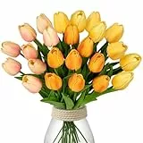 Hollyone 24 pcs Künstliche Blumen Tulpen, Deko Kunstblumen Wie Echt, Plastikblumen Tulpen PU Latex Real Touch, Gefälschte Blumen Tulpen für Hochzeitszimmer Wohnzimmer Büro Hotel Küche Tischdeko