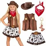 Kitimi 5PCS Cowgirl Kostüm Mädchen, Braun Cowboy Kostüm Kinder Mädchen mit Bandana, Weste, Hut, Rock, Schlüsselanhänger, Western cowboys Outfits Set für Carnival Mottoparty Cosplay Performance