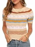 Saodimallsu Damen T-Shirt Gestreifte Kurzarmpullover mit Farbblock Damen Sommer Strickpullover Leichte Casual Oberteile, Beige, L