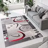 TAPISO Dream Teppich Wohnzimmer Kurzflor Modern Grau Creme Rot Bordüre Meliert Bumerang Vierecke Schlafzimmer Esszimmer ÖKOTEX 140 x 200 cm