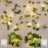 GuKKK 2 Stück LED Lichterkette Efeu Künstlich, 2M Fake Efeu Girlande mit 20 LED-Licht Batterie, Lichterkette mit Blättern, für Innenberei, Hochzeit, Party Deko