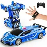 Tecnock 2 in 1 Ferngesteuertes Auto Transformator Gesten-Erkennung, 360°Drehung RC Autos für Kinder, 2.4GHz EIN Knopf Transform Roboter mit LED, Polizei Auto Spielzeug Geschenk für 8+ Jungen/Mädchen