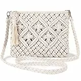 Jeesblsy Gewebte Umhängetasche für Damen, Sommer, Strand, Cossbody-Tasche mit Quaste, Baumwolle, gehäkelt, kleine Geldbörse, Geldbörse, Umschlag, Clutch, Handtasche für Urlaub, Party, Dating, beige