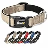 lionto Hundehalsband aus strapazierfähigem Nylon, Größe M, weiches gepolstertes Halsband für Hunde, 360° reflektierend & Klickverschluss, Metallring & Anpassung durch stufenlosen Schieber, beige