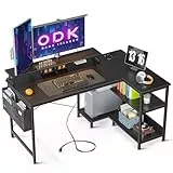 ODK Gaming Tisch L Form, 120x80cm Schreibtisch L Form mit Regal Reversibe, Eckschreibtisch mit USB Ladeanschluss & Steckdose, Ecktisch mit Monitorständer für Büro, Heimbüro, Schwarz