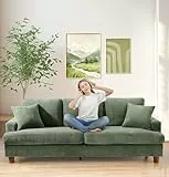 Kidirect Cord Sofa 3 Sitzer, 221CM Bequemes Couch 53CM Extra Tiefe Sitze, Sofa Wohnzimmer Werkzeugfreie Montage, Big Sofa Couch mit 2 Kissen, Modernes Couch fürs Büro, Schlafzimmer Sofas Waldgrün