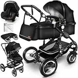 KIDUKU® 3 in 1 Kinderwagen XXL Komplettset | Kombikinderwagen Set inkl. Babywanne Buggy Sportsitz & Auto-Babyschale Fußsack | Vollgummireifen Wickeltasche Handwärmer Regenschutz Kindertisch ECE R129