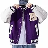 Moshtashio Herren-College-Jacke, Baseball-Bomberjacke, Vintage-Sweatshirt, lässig, Unisex, Streetwear, Mäntel mit Aufnäher, Violett, XS