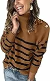 Imily Bela Pullover Damen Herbst Winter Gestreift Langarm Elegant Strickpullover Rollkragen Locker Frauen Oberteile Deko mit Metallknöpfen(Khaki,XL)