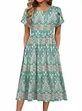 Hotouch Sommerkleid Damen Kleider Freizeit Rundhals Kleid Leicht Kurzarm Strandkleid A-Linie Blumenkleid Freizeitkleid mit Taschen Floral XXL