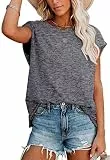 ANCAPELION Damen Casual T-Shirt Kurzarm Sommer Tops Lose Oberteile Rundhals Basic Bluse Einfarbig Grau, XXL