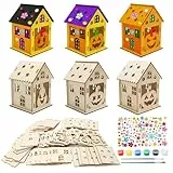 WEDNOK 7 Sets Kürbis Haus Bastelset Kinder Halloween Holz Bausatz 3D Kürbishaus Kreativsets Kürbis Holzbausatz Basteln DIY Holzbastelset zum Bemalen für Jungen Mädchen St Martin's Halloween