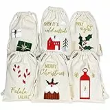 Papierdrachen Geschenkverpackung Weihnachten 2025 - Stoffbeutel 6er Set - 13x18 cm - beige - mit Stickerei in gold - wiederverwendbar zum Befüllen