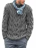 Runcati Strickpullover für Herren, Zopfmuster, langärmelig, gerippt, hoher Kragen, Winterpullover, dicke Strickware, grau, X-Large