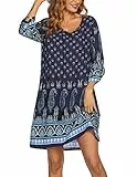 Zeagoo Strandtunika Sommer Kleid 3/4-Arm Casual Kleider Bohemian Sommerkleider Floral Party Kleid Tunikakleider Navy Blau XL