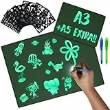 Maltafel Leuchtend A3 und A5, 6 Schablonen 2 UV Stift - BONNYCO | Jungen und Mädchen Geschenke 3 4 5 6 7 8 9 10 Jahre | Maltafel Zaubertafel Kinder Spielzeug Geburtstag Weihnachten | Magic Drawing Pad