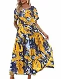 YESNO Damen Kleider Freizeit Lose Sommerkleid Lang Boho Maxikleid für Rundhals Strandkleid Blumenkleid 2XL EJFDE CR141