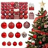 JHWELRG Weihnachtsdeko 101tlg Weihnachtskugeln Set,mit Glitzernd,Weihnachtskugeln Rot Matt,Tannenzapfen Weihnachtsbänder,Weihnachtsbaumkugeln Kunststoff Set für Adventskalender Weihnachtsbaum Deko