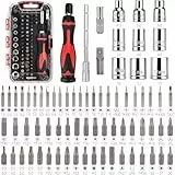 Amazon Basics Ratschenschlüssel magnetisch und PräzisionsSchraubendreher für Elektronik, 73 stück, 1er-Pack, Schwarz/Silber/Rot