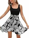 CUPSHE Damen Sommerkleid Ärmellos Rundhals Strandkleid A-Linie Tank Kleid Blumen Ananas Muster mit Bindegürtel Elegant Freizeit Party Minikleid Schwarz L