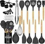 Silikon Küchenhelfer Set, Umiten 24 Stück Kochbesteck Set Küchenutensilien, küchenset mit Utensilienhalter, Antihaft Hitzebeständiger Kochbesteck Set, Gesund & Spülmaschinenfest - Schwarz