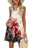 VEUNCOS Boho Kleider Damen Sommer A Linie Ärmellose Strandkleid Knielang Lockere Freizeit Kleid,Beige Blume S