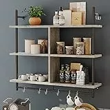 Bestier 105.5 cm 3-stufiges schwebendes Rohrregal, industrielles wandmontiertes Leiterregal mit Rundrohr und Haken, Holzregal für Dekoration und Aufbewahrung, Bücherregal für Wohnzimmer, Küche, Balkon