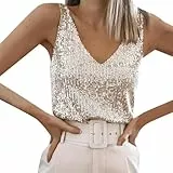 Glitzer Oberteile Damen Pailletten Tanktops Party Disco Weste Ärmelloses Top V-Ausschnitt Abend Glitzertop Spaghettiträger Blusen Mit Schimmernden