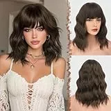FESHFEN Wellig Bob Perücke mit Pony - 35cm Braun mit Highlights Wellen Schulterlänge Perücken für Damen Frauen Synthetik Kunsthaar Haarperücke für Alltag Karneval Fasching