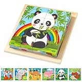 Würfelpuzzle Holz, 3D Bilderwürfel Puzzlespiele, 6 in 1 Tier-Motive Holzpuzzle Montessori Spielzeug mit 16 Würfel Lernspielzeug Holzspielzeug Geschenk für ab 1-8Jahren Jungen und Mädchen (Wildtiere)