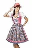 Luxus Designer Dirndl mit Schürze Kleid Dirndkleid Oktoberfest Tracht Trachtenkleid Spitze Denim Blumenprint Paspelierung Rüschen- XL, Rosa/Blau