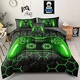 Z.Jian HOME Gamer-Bettwäsche-Set, 5-teilig, Doppelbettgröße, Grün, für Jungen, Mädchen, Kinder, Teenager, Videospiel-Bettwäsche, dekoratives Bett in einer Tasche mit Bettdecke, Laken, Kissenbezug,