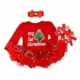 FYMNSI Neugeborenes Baby Mädchen Weihnachtsoutfit Mein erstes Weihnachten Bekleidungsset Prinzessin Tütü Strampler Body Kleid mit Stirnband Schuhe 3tlg Xmas Party Kleidung Outfit für 6-12 Monate
