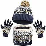 AOTOW Kinder Wintermütze Schal Handschuhe Set - 3 in 1 Warm Winte Strickmütze Kinder Mütze Set mit Plüsch Innenfutter für 5-10 Jahre Kinder Jungen Mädchen Blau