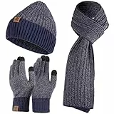 Tofern Mütze, Schal & Handschuh-Sets für Damen Herren - Winter 3 In 1 Beanie Strickmütze, Langer Schal, Verdickte Und Weiche Wolle Handschuhe