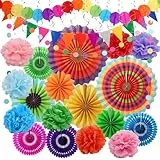 Naler Party Dekoration Papier Pompoms, 33 Stück Mehrfarbig Papier Fächer Pompons Regenbogen Deko für Fiesta Partydekorationen Geburtstagsdeko Mexikanische Party