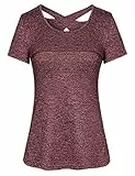 Sykooria Damen Sportshirt Kurzärmliges Sport T-Shirt mit Rundhalsausschnitt Leicht Atmungsaktiv Trainingsshirt Fitness Shirt Gym Yoga Top, Weinrot XXL