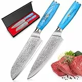 Home Safety Damast Messerset 2STK, Damast Santokumesser Set Küchenmesserset aus 67 Lagen Vg-10 Damaststahl, Profi Damast Kochmesser Set Ergonomischer Naturharzgriff, Geschenkbox