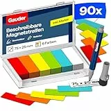 GAUDER Magnetetiketten beschreibbar - Wiederverwendbare Magnetschilder zum Beschriften für Whiteboard, Tafel, Kanban-Board und Kühlschrank - Magnetkarten mit Marker (90 Stück - 75 x 25 mm)