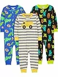Simple Joys by Carter's Baby Mädchen 3-Pack Snug Fit Footless Cotton Pajamas Schlafstrampler, Blau Dinosaurier/Grau Streifen/Schwarz Monster, 4 Jahre (3er Pack)