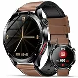 2025 Neu Smartwatch Herren Damen mit EKG/HRV/ΒΙυτｚυcker/BMI/Harnsäure, 1,43' AMOLED Gesundheitsuhr mit 24H ΒΙυtdrυck SpO2 Apnoe Schlafmonitor SOS-Notruf Fitnessuhr Android/iOS, Braun Lederarmband