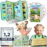 Mallie® Montessori Busy Board ab 1 2 3 4 Jahren inkl. Gratis Mal & Rätsel 48-Seiten Heft mit Rollenspiel-Set & Fingerpuppen Lernbuch - Feinmotorik & Konzentration Quiet Book, Activity Board Quiet Book
