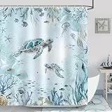Bonhause Meeresschildkröte Duschvorhang Blaugrün Ozean Strand Küste Badezimmer Vorhang 180x200cm Wasserdicht Schimmel & Schimmelresistent Polyester Stoff Badvorhang mit 12 Haken