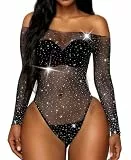 RSLOVE Body Damen Sexy Fischnetz - Dessous Reizwäsche mit Strass-Verzierung Schwarz Einheitsgröße