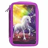 Idena 20126 - Federmappe Triple mit 3 Reißverschluss-Fächern, Design Einhorn, gefülltes Federmäppchen mit 47 Teilen