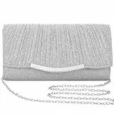 Shengxi Damen Abendtasche Clutch Elegant Pailletten Abendtasche mit Abnehmbarer Kette Glitzer Abendtasche Silber Handtasche Umhängetasche für Hochzeit Party Bankett